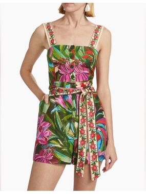 FARM Rio Jardin de Reve Floral Print Linen Romper, NWT